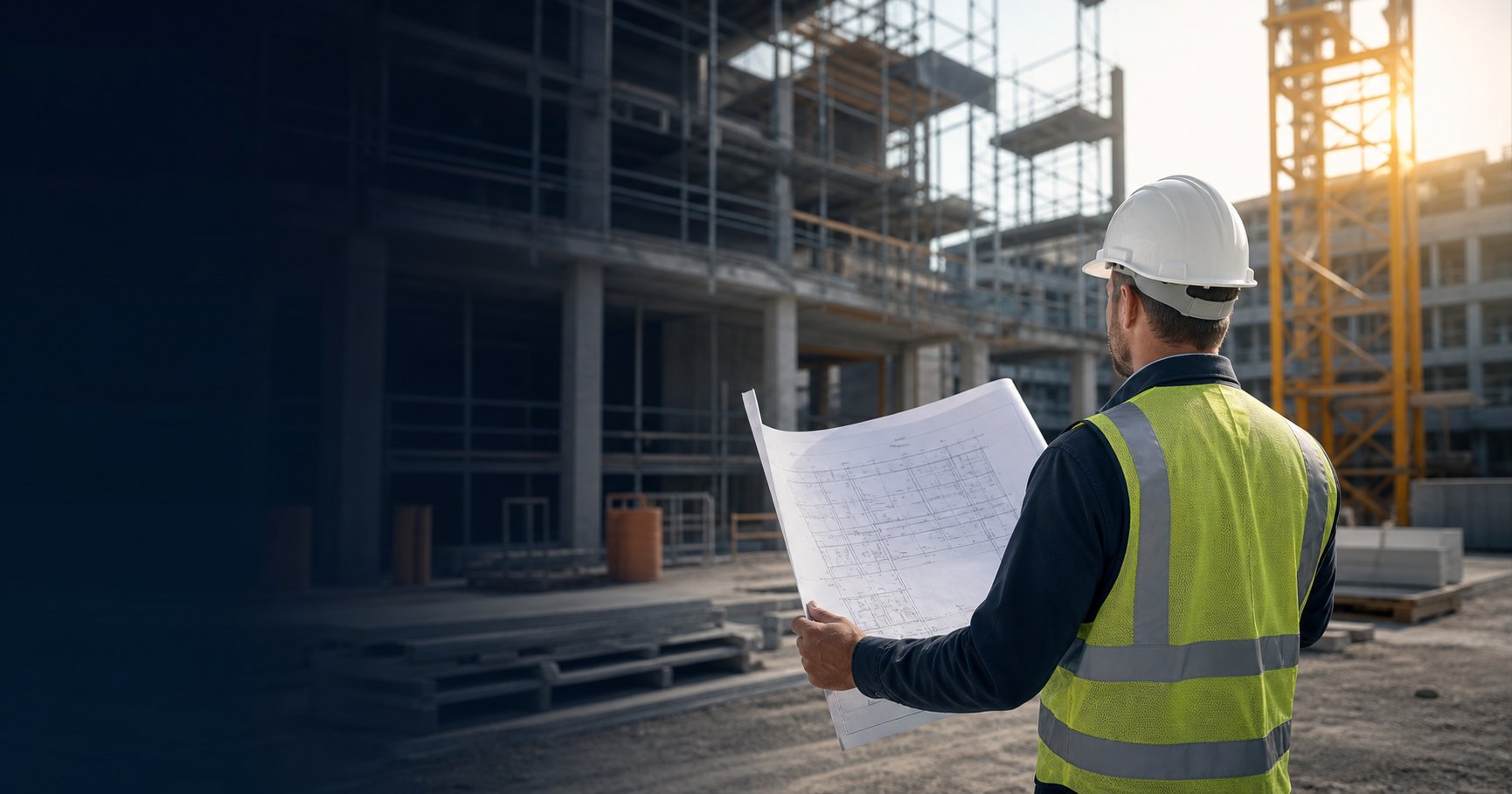 Construction manager reviewing project drawings on site
