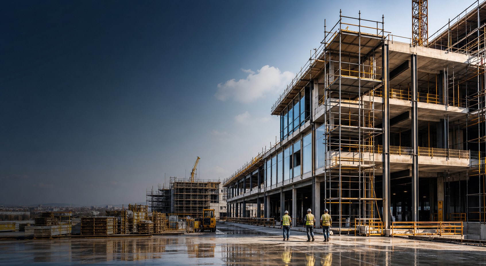 Premium commercial construction site with scaffolding and crane