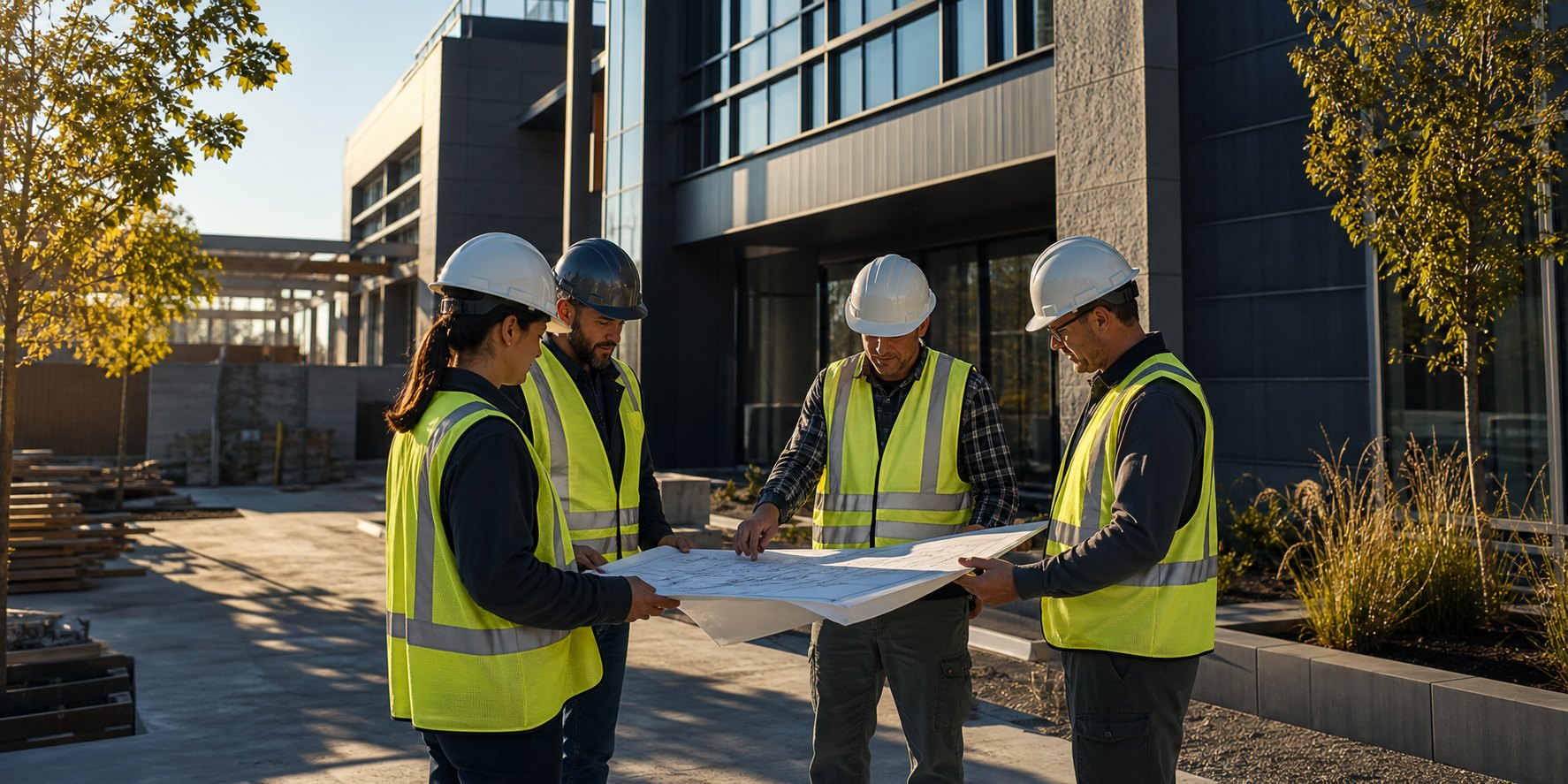 Construction team reviewing plans on site
